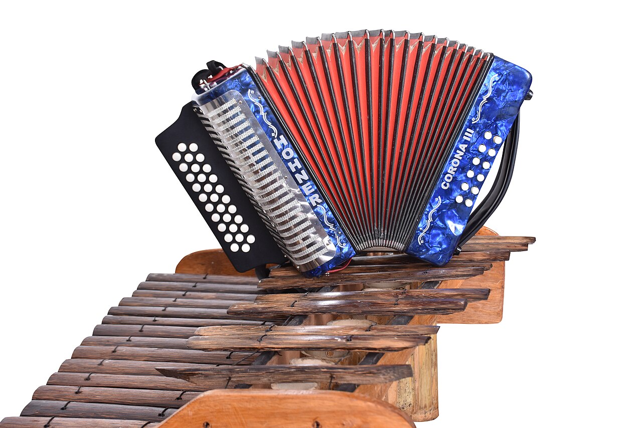 A blue and red accordion rests on the wooden keys of a marimba.