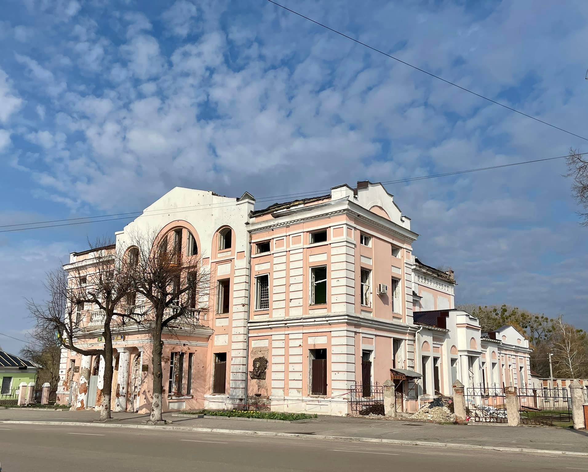 Okhtyrka’s damaged House of Culture, photographed on April 14, 2022